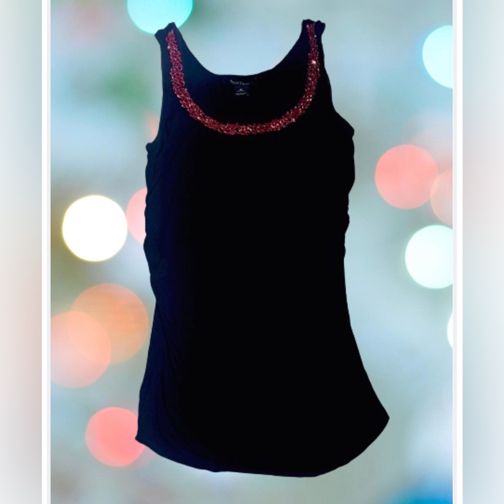 WHBM Black Ruch Tank Red Bead Accent Neckline